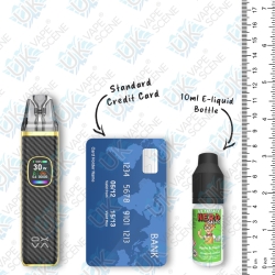 Oxva Xlim Pro 2 Pod Kit size reference guide comparison against E-liquid and Credit Card