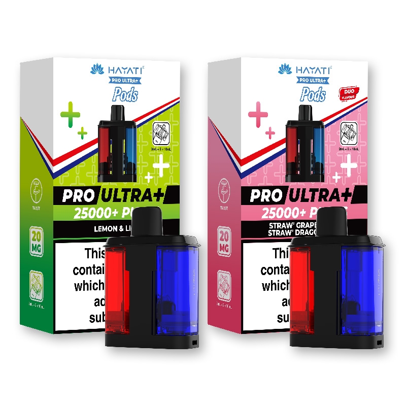 Hayati pro ultra plus pods displayed side by side. One In lemon and lime and the other in strawberry flavours.