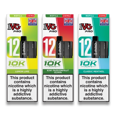 IVG pro 12 refill packs displayed side by side, showing lemon lime, kiwi passionfruit guava and classic menthols flavours. IVG Pro 12 Prefilled Pods