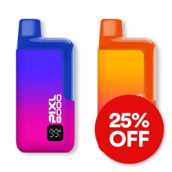 PIXL 8000 vape kits displayed side by side with a purple one on the left and an orange one on the right