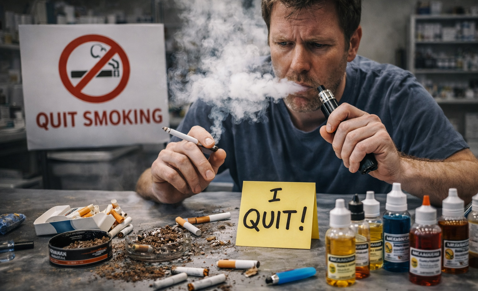 A man failing to quit smoking while using a vape