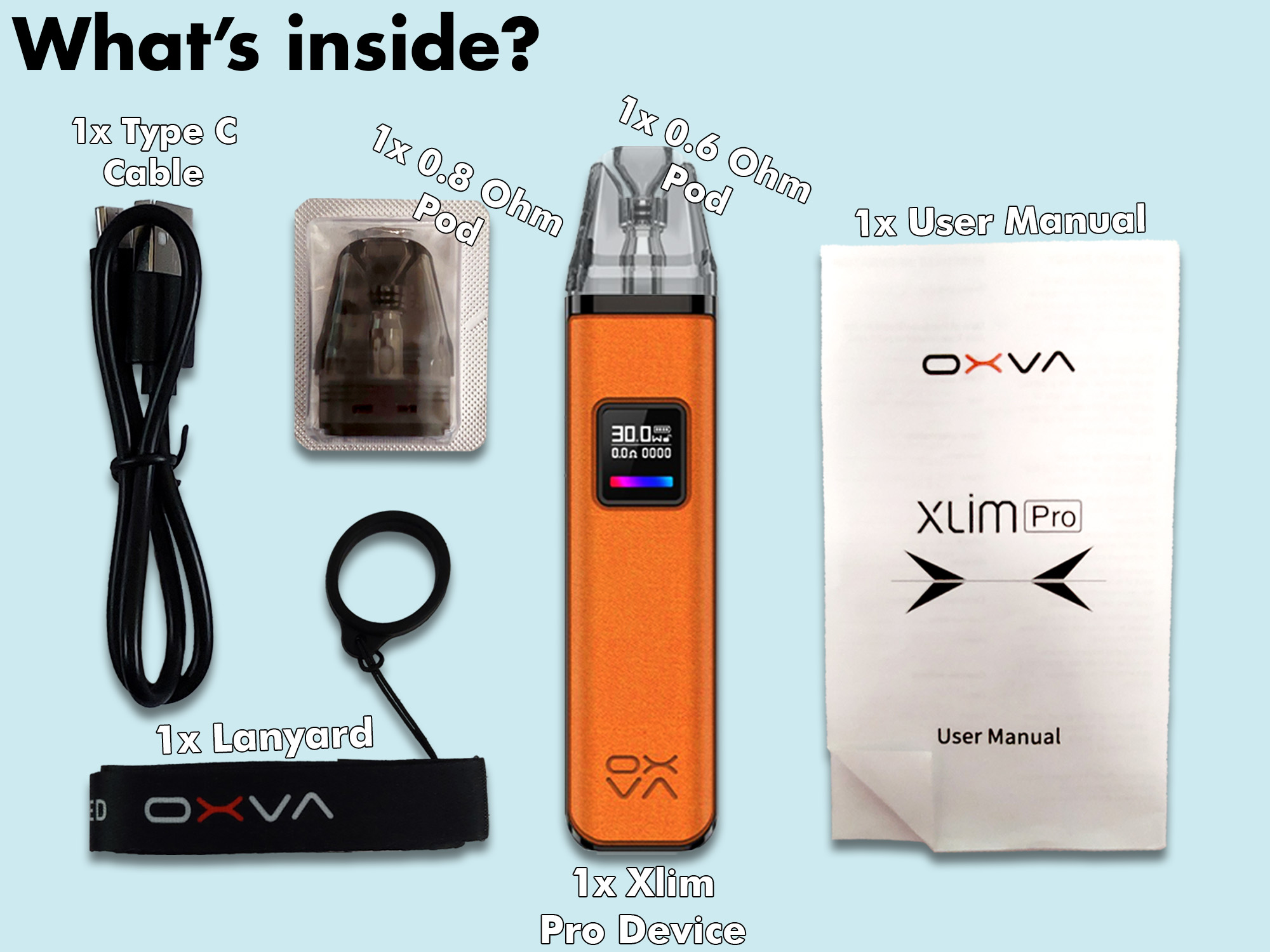 Oxva Xlim Pro vape pod kit an image showing the contents of the box and whats inside