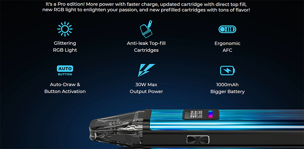 Oxva Xlim Pro specifications banner showing the features of the device