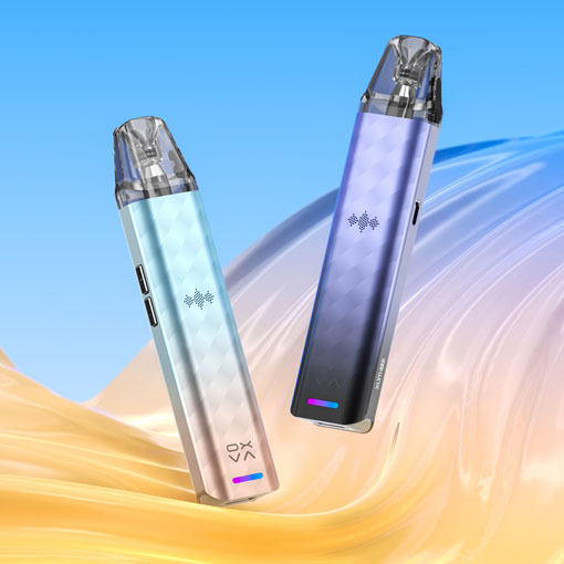 Two Oxva Xlim SE2 Vape Kits with blue and yellow wave in the background