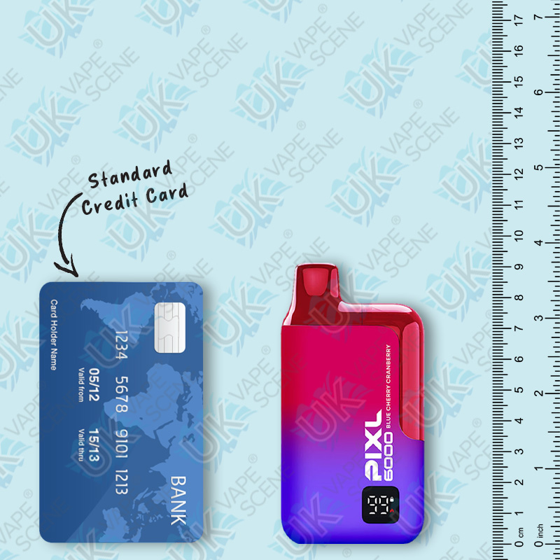 pixl 6000 disposable vape dimensions and visual comparison against a standard credit card for reference purposes