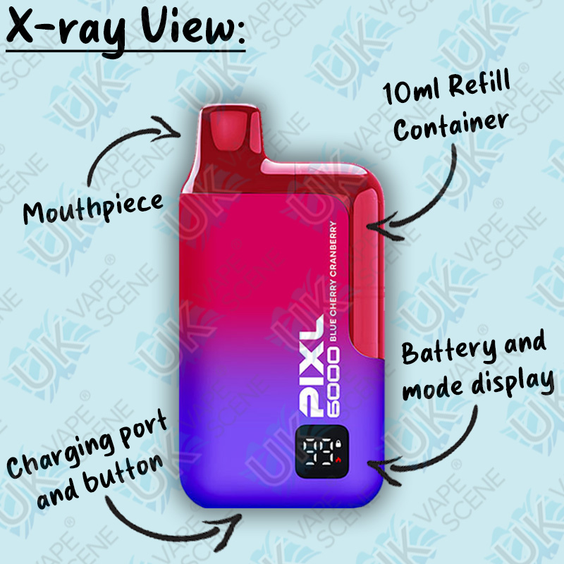 pixl 6000 disposable vape x-ray view, dissection of each component and what they do