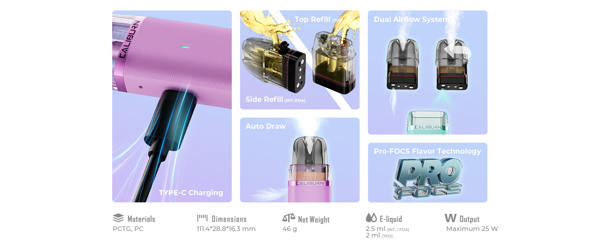 Feature diagram for the Uwell Caliburn G3 Lite