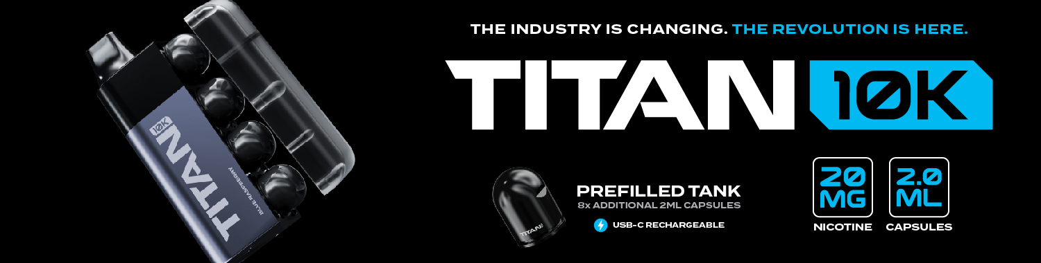 Titan 10k Disposable vape banner showing the device and specifications